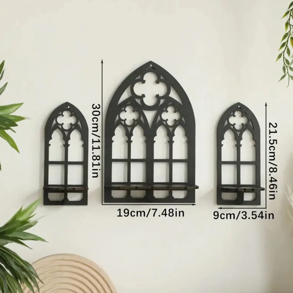 NEW! Set of 3 Wooden Classic Gothic Cathedral Wall Shelves in Black!
